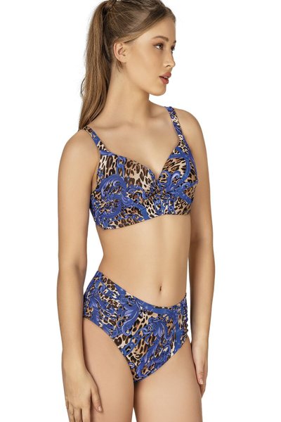 Kahverengi Mavi Büyük Beden Destekli Büzgü Detaylı Leopar Desenli Bikini Takım