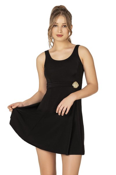 Siyah Deniz Kabuğu Aksesuarlı Elbise Etekli Mayo