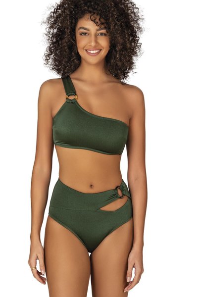 Yeşil Halka Aksesuarlı Tek Omuz Bikini Takım