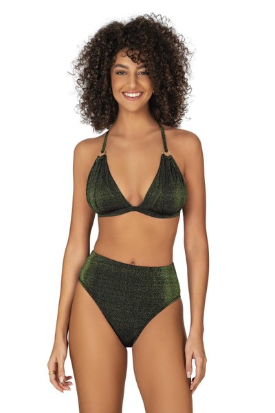 Yeşil Siyah Halka Aksesuarlı Yüksel Bel Simli Bikini Tak�ım