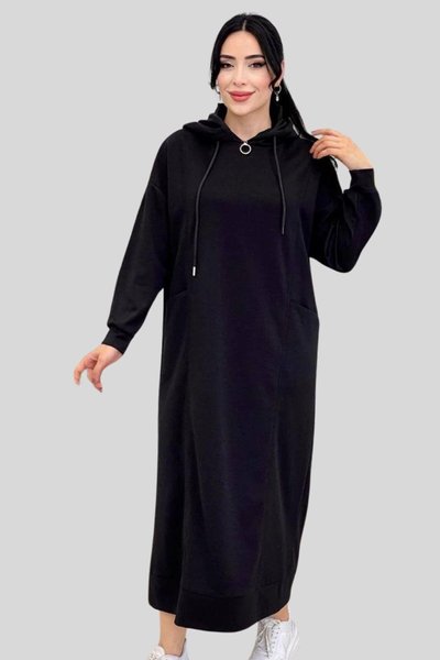 Siyah Yakası Fermuarlı Dik Yaka Kapşonlu Uzun Spor Elbise
