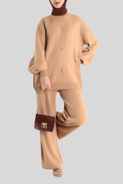 Camel Taşlı Triko Tunik Takım Pantolon