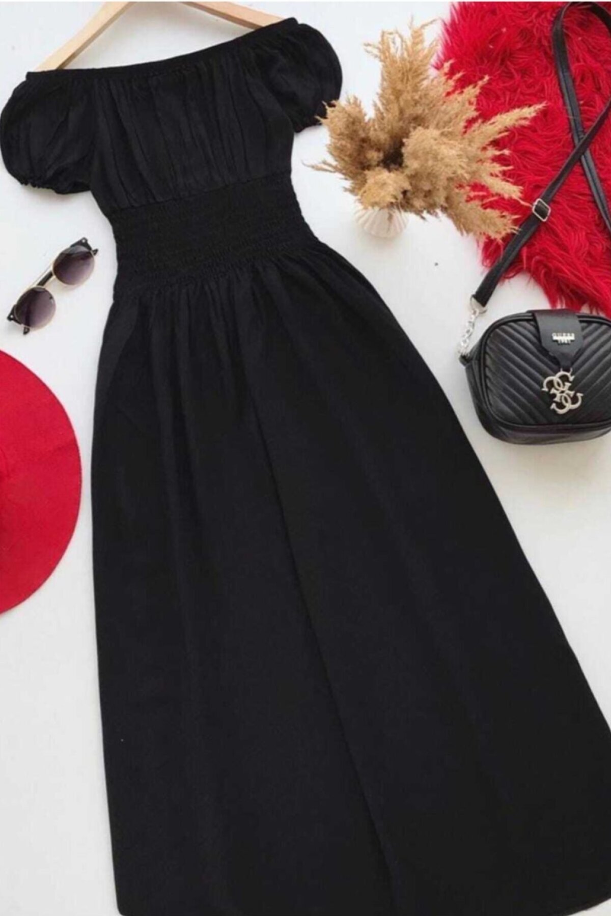 Maximor Siyah Renk Karpuz Kol Beli Gipeli Dokuma Viskon Midi Elbise