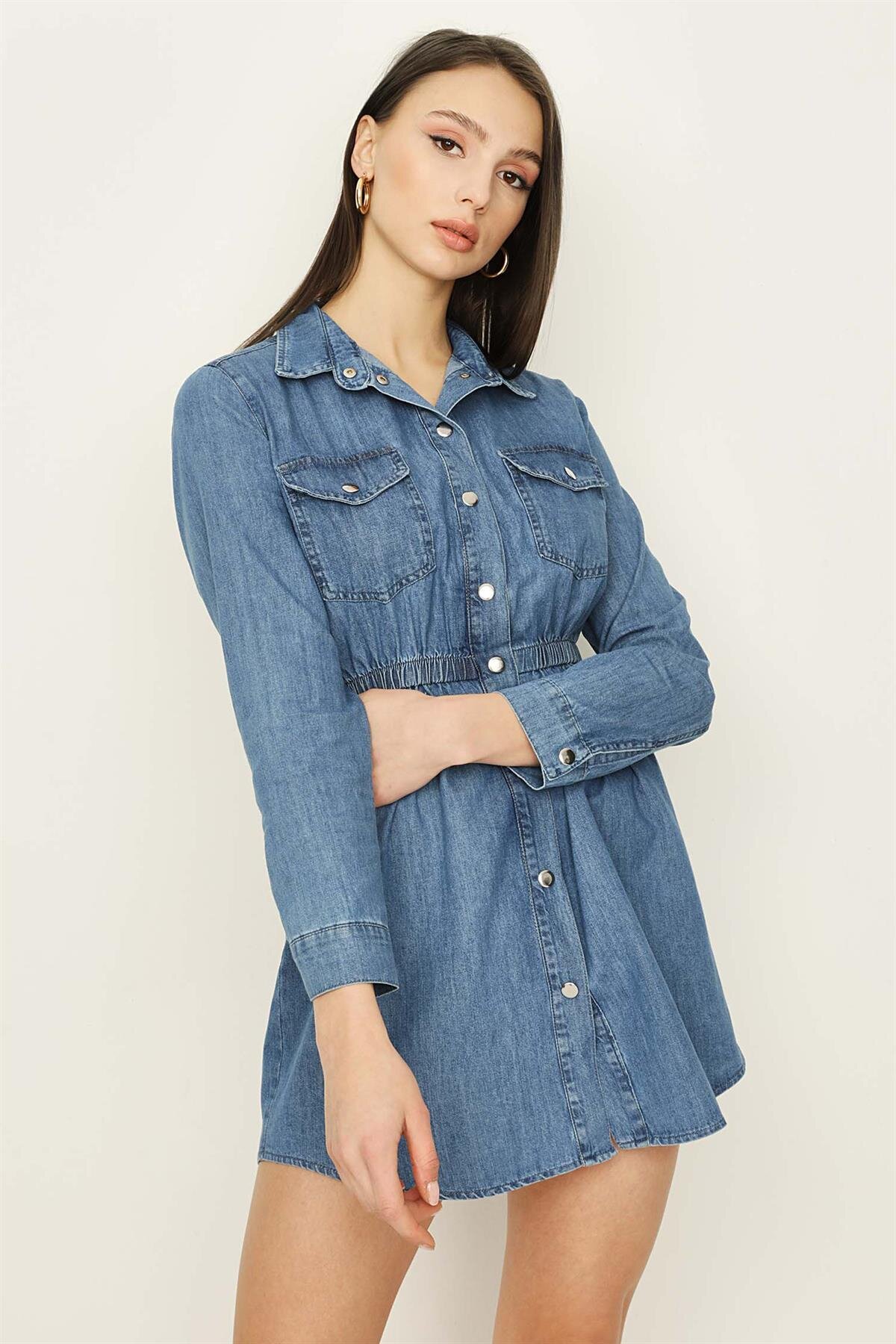 Select Moda Mavi Beli Lastikli Mini Kot Elbise
