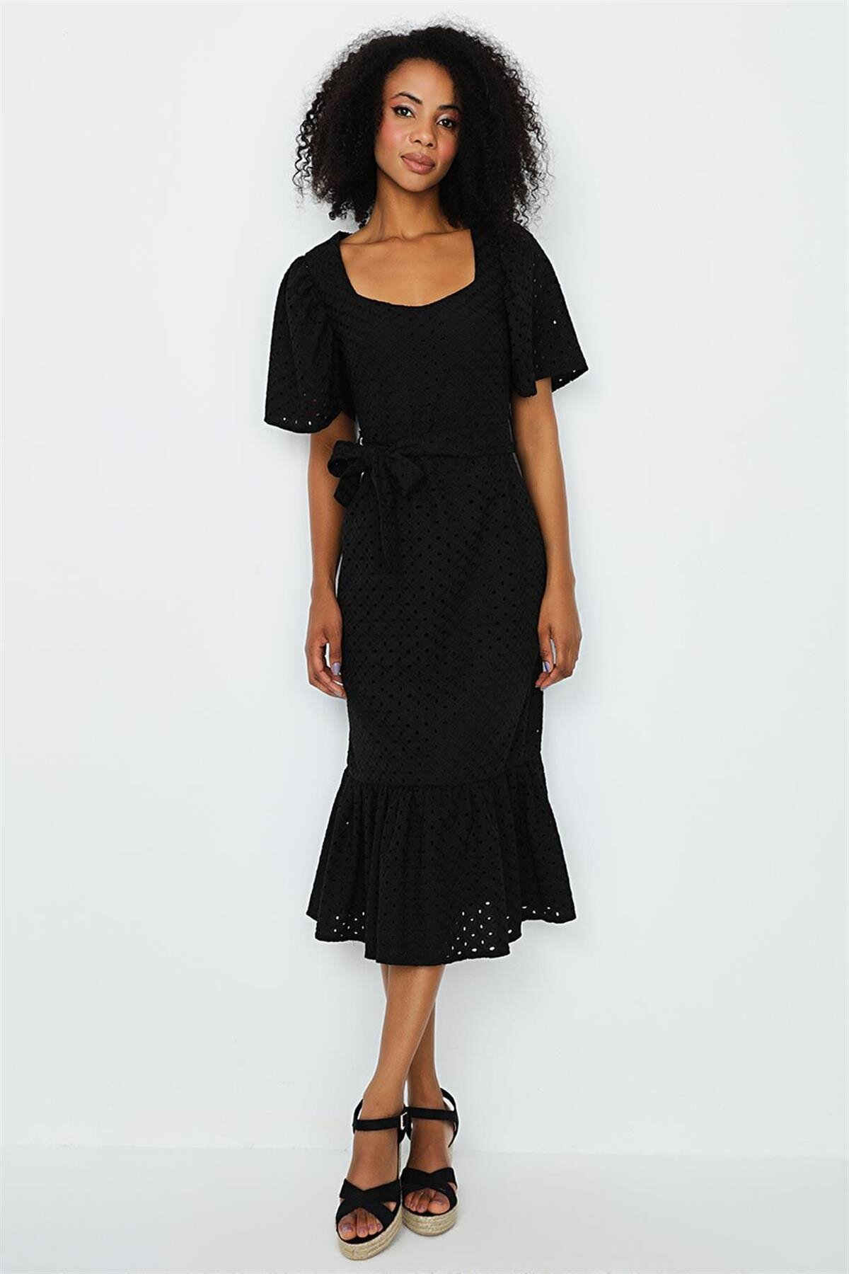 Black Balloon Sleeve Ruffled Broderie Midi Dress - Select Moda