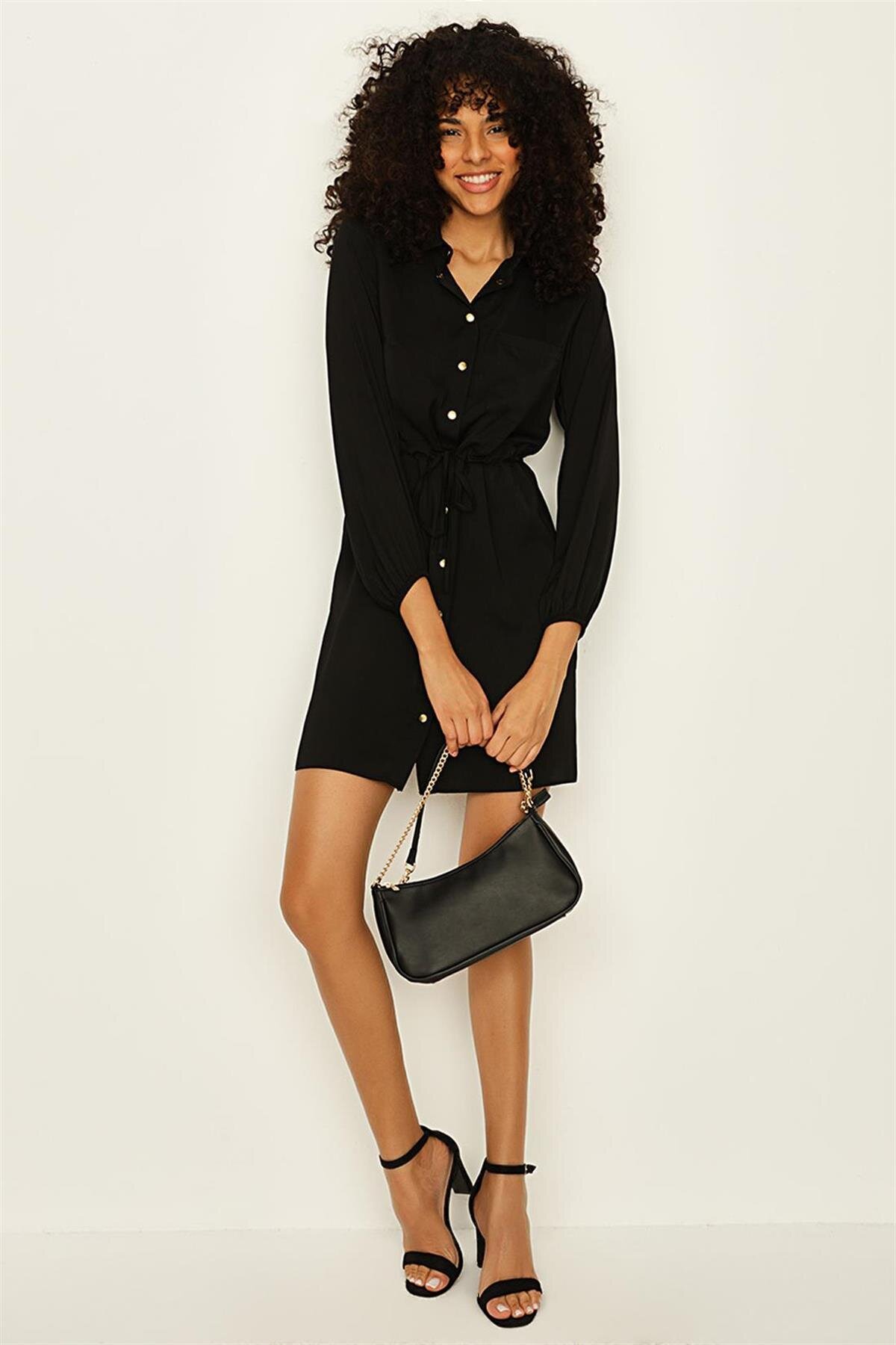 Select Moda Siyah Çıtçıt Kapamalı Beli Büzgülü Mini Gömlek Elbise