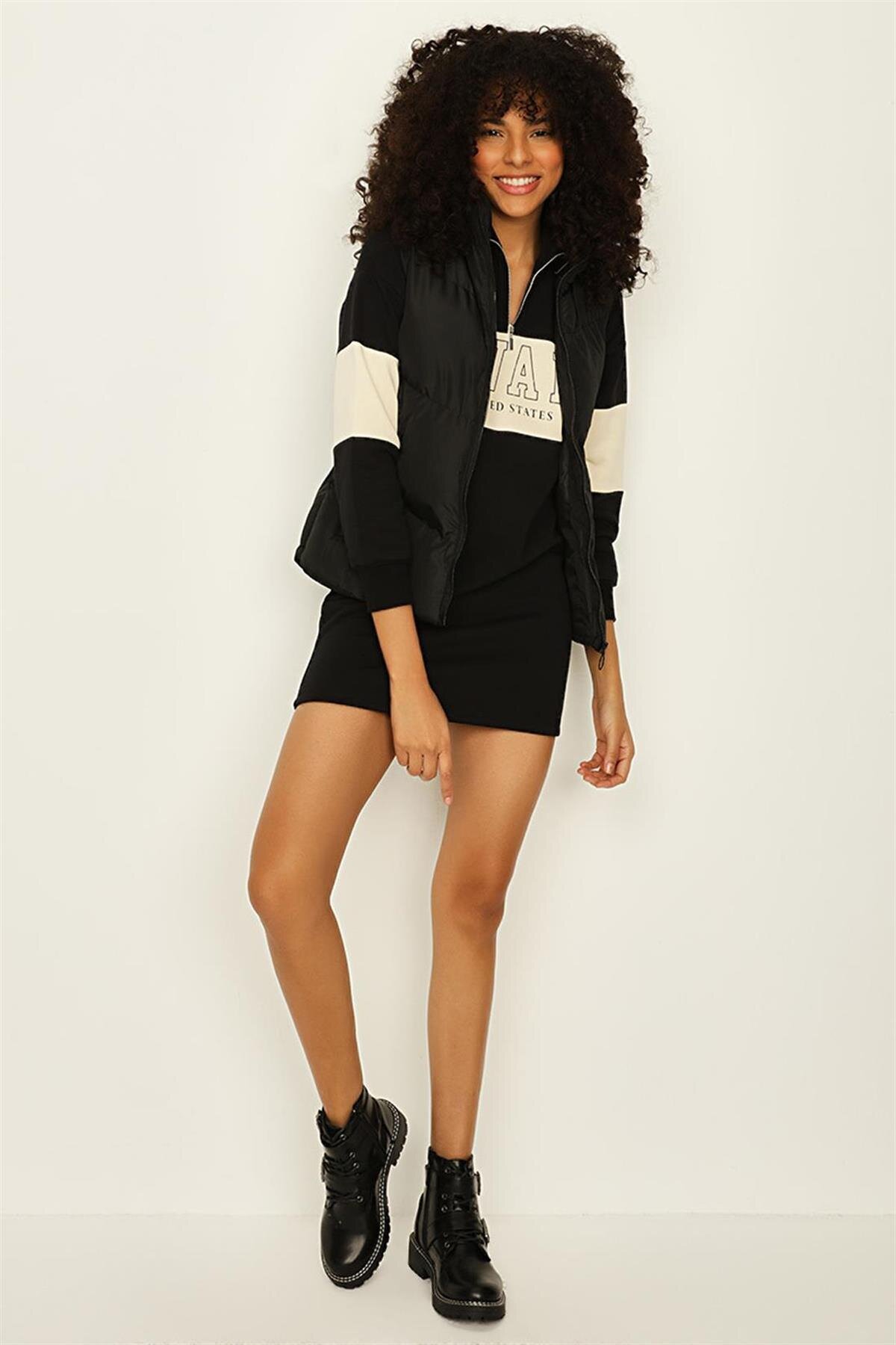 Select Moda Siyah Dik Yaka Renk Bloklu Mini Sweat Elbise