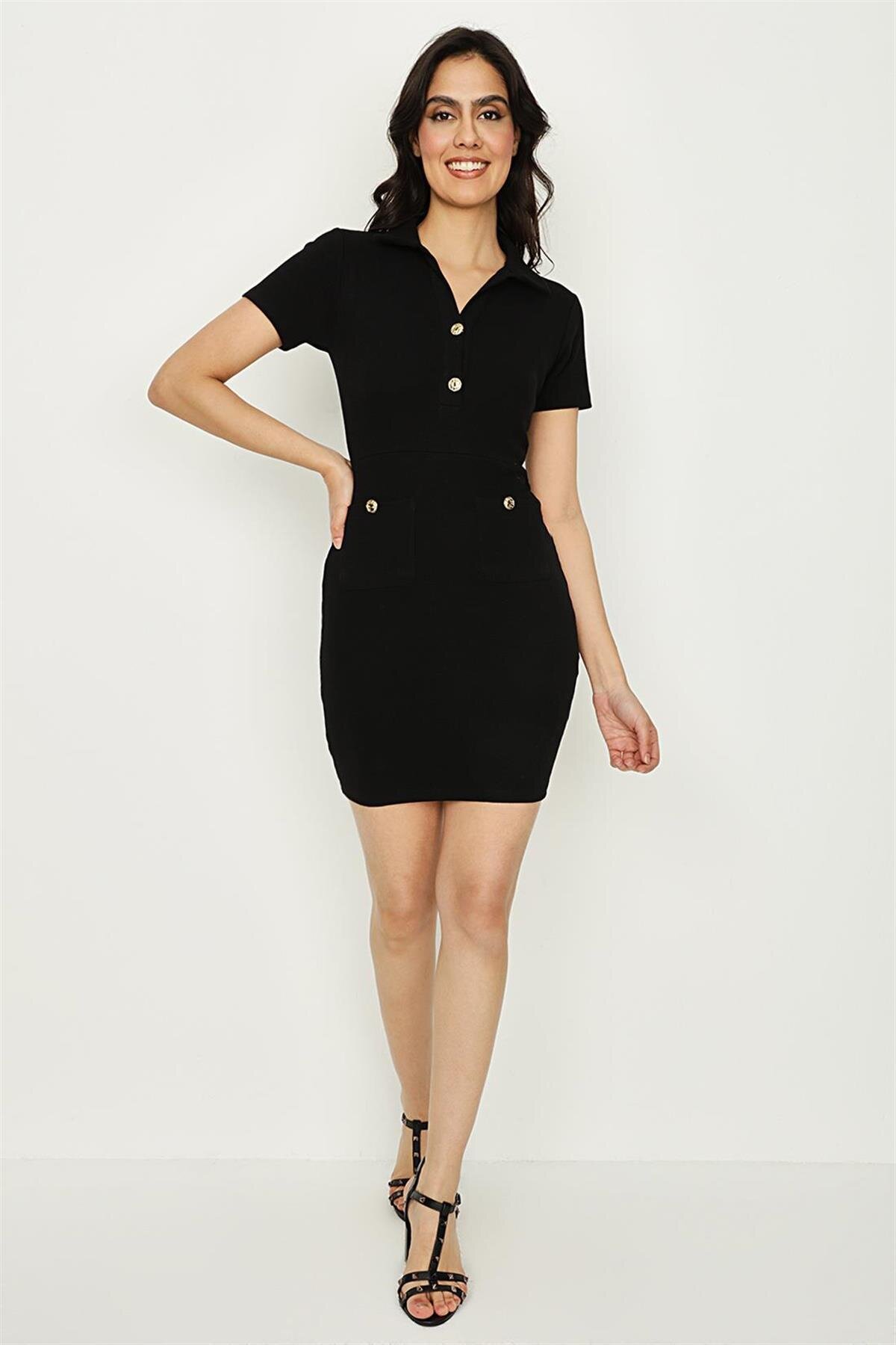Select Moda Siyah Düğme Detaylı Ribana Örme Mini Elbise