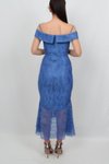 İndigo Lacivert Yaka Detaylı Dantel Midi Abiye Elbise