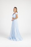 Mavi Bebe Simli Şifon Kayık Yaka Uzun Abiye Elbise