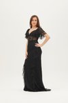 Siyah Dantel Detaylı Beli Transparan Yarım Kol Uzun Abiye Elbise
