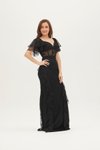 Siyah Dantel Detaylı Beli Transparan Yarım Kol Uzun Abiye Elbise