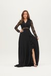 Siyah Uzun Kollu Dantel Detaylı Beli Transparan Abiye Elbise