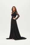Siyah Uzun Kollu Dantel Detaylı Beli Transparan Abiye Elbise