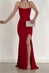Askılı Kırmızı Simli Fukuro Kumaş Yırtmaç Detay Premium Uzun Abiye Elbise
