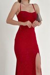 Askılı Kırmızı Simli Fukuro Kumaş Yırtmaç Detay Premium Uzun Abiye Elbise
