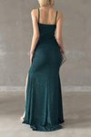 Askılı Zümrüt Yeşili Simli Fukuro Kumaş Yırtmaç Detay Premium Uzun Abiye Elbise