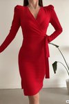 Kırmızı Kruvaze Yaka Kuşaklı Yırtmaç Detay Uzun Kol İthal Krep Kumaş Midi Elbise