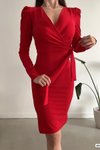 Kırmızı Kruvaze Yaka Kuşaklı Yırtmaç Detay Uzun Kol İthal Krep Kumaş Midi Elbise