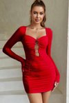 Kırmızı Sandy Kumaş Göğüs Dekolteli Drapeli Kolu Detay Mini Tül Abiye Elbise