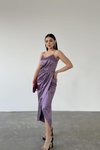 Lila Saten Kumaş Askılı Yırtmaç Detay Midi Abiye Elbise