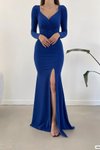 Saks Mavisi Kruvaze Yaka Yırtmaç Detay İthal Krep Kumaş Kemerli Uzun Abiye Elbise