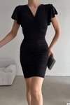 Siyah Sandy Kumaş Kruvaze Yaka Vatkalı Drape Detay Mini Elbise