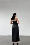 Siyah Saten Kumaş Askılı Yırtmaç Detay Uzun Abiye Elbise