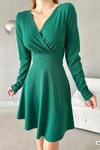Yeşil Kruvaze Yaka Krep Kumaş Uzun Kol Mini Kloş Elbise