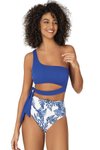 Mavi Yüksek Bel Yan Bağlama Detaylı Desenli Bikini Takım