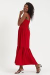 Kırmızı Gipeli Askılı Kat Dokuma Viskon Kumaş (135cm) Uzun Elbise