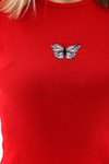 Kırmızı Kelebek Nakışlı Kısa Kol Bisiklet Yaka Örme Kumaş Mini Elbise