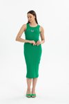 Koyu Yeşil Kelebek Nakışlı Renk Kaşkorse Kumaş Halter Yaka 120cm Midi Elbise