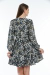 Lacivert Çiçekli Beli Lastikli Uzun Kol V Yaka Viskon Kumaş Mini Elbise