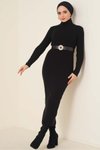 Siyah Fitilli Renk Kaşkorse Kumaş Balıkçı Yaka 135cm Elbise