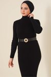 Siyah Fitilli Renk Kaşkorse Kumaş Balıkçı Yaka 135cm Elbise