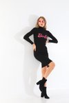 Siyah Renk Barbie Baskılı Uzun Kol Dik Yaka Mini Boy Triko Elbise