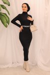 Siyah Yarım Balıkçı Yaka Model Kaşkorse Kumaş 135cm Kemersiz Kalem Elbise