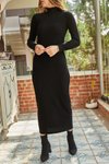 Siyah Yarım Balıkçı Yaka Model Kaşkorse Kumaş 135cm Kemersiz Uzun Kalem Elbise