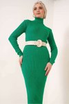 Yeşil Fitilli Renk Kaşkorse Kumaş Balıkçı Yaka 135cm Elbise