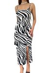 Askılı Siyah Zebra Desen Önü Büzgülü Uzun Elbise