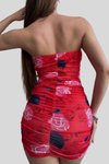 Straplez Kırmızı Gloplu Çiçek Desenli Drapeli Dilber Mini Elbise