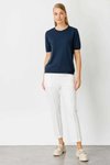 Lacivert Kısa Kol Sıfır Yaka Çizgi Detaylı Triko Bluz