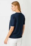 Lacivert Kısa Kol Sıfır Yaka Çizgi Detaylı Triko Bluz
