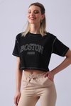 Siyah Boston Yazılı Crop T-shirt