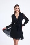 Siyah Kruvaze Yaka Şifon Mini Elbise