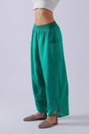 Yeşil Beli Lastikli Çift Cepli Şalvar Pantolon
