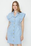 Açık Mavi Dokuma Düğme Detaylı Mini Gömlek Elbise