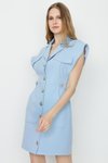 Açık Mavi Dokuma Düğme Detaylı Mini Gömlek Elbise