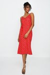 Askılı Kırmızı V Yaka Desenli Yırtmaç Detaylı Midi Elbise